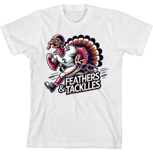 Thanksgiving Feathers & Tackles Turkey Football Player Adult Crew Neck Short Sleeve Tee - 1 of 2