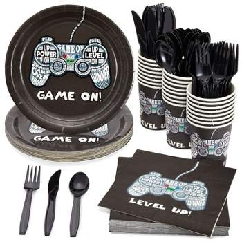 Juvale 144 Piece Video Game Birthday Party Supplies, Serves 24, Video Gamer Plates, Napkins, Cups, Cutlery, for Boys Gaming Party Decorations