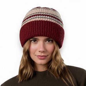 Anna-Kaci Women's Soft Ribbed Knit Beanie Hat with Striped Pattern - 1 of 2