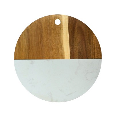 Slickblue Marble & Acacia Wood 12” Round Board - White/Black, Versatile for Serving & Cutting Cheese, Fruit