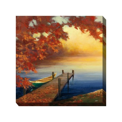 Cottage Garden West of The Wind Autumn Dock Red, Orange, Blue 24 x 24 Inch Waterproof Gallery Wrapped Canvas, Outdoor Garden, Yard, Patio All Weather