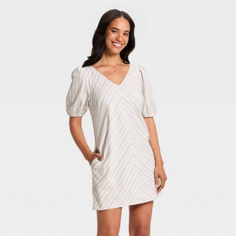 Женские платья A New Day Women's Puff Sleeve Mini A-Line Dress - A New Day™ Cream Striped XS