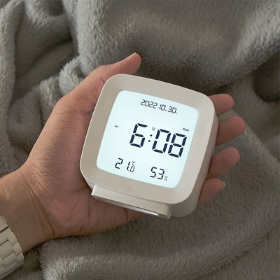 Children's alarm clock, digital alarm clock with time, date, temperature, humidity, used for bedroom, home, office decoration, white
