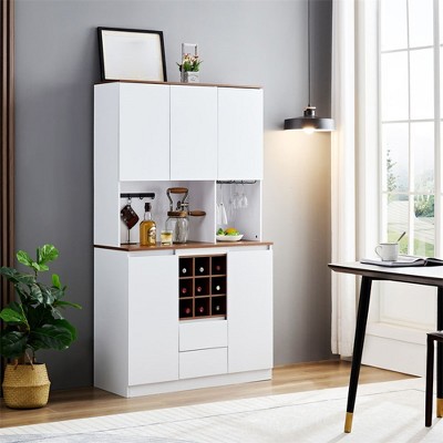69'' Tall Kitchen Pantry Storage Cabinet, Kitchen Hutch Bar Cabinet with Microwave Stand, Wood Buffet Sideboard with Power Outlet for Dining Room