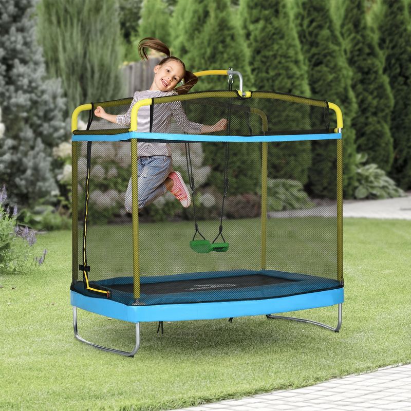 Qaba 3-in-1 Trampoline for Kids, 6.9' Kids Trampoline with Enclosure, Swing, Gymnastics Bar, Toddler Trampoline for Outdoor/Indoor Use, Light Blue, 2 of 7