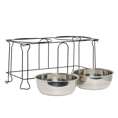 Large Black Wrought Iron Stand with Double Stainless Steel Feeder Bowls