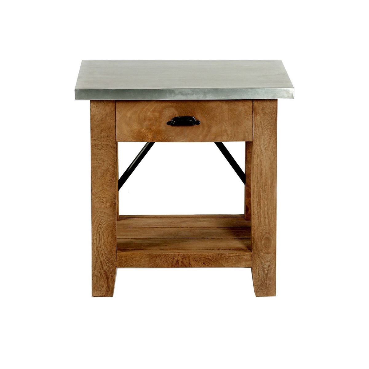 Millwork End Table with Drawer: Mid-Century Modern, Brown Hardwood Frame, Silver Metal Tabletop, 22" x 18" x 22"