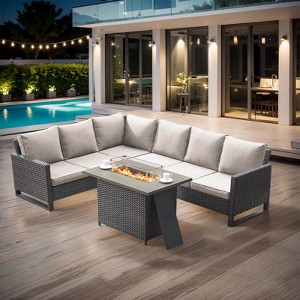 Buenhomino 4 Pieces Outdoor Patio Furniture Set with 41” Fire Pit Table, Rattan Patio Sectional Sofa Conversation Set with 50000BTU Propane Fire Pit - 1 of 4