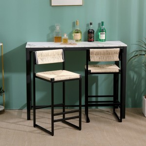 FONTOI 2PCS Hand Weave Counter Stools with Back&Footrests, Counter Height Bar Stools for Living Room Kitchen Island, White&Black, 14.96"*34.84"*15.15" - 1 of 4