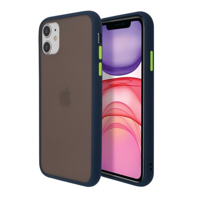 Insten Translucent Matte Case For iPhone 11 (6.1 inch), Hybrid Hard Back Soft Edges TPU Full Body Cover, Dark Blue w/ Green Button