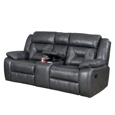 Leatherette Power Recliner Loveseat with Console and LED Light Gray - Benzara