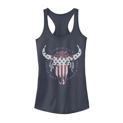 Juniors Womens Lost Gods Fourth of July  Wild & Free Skull Racerback Tank Top - image 1 of 3