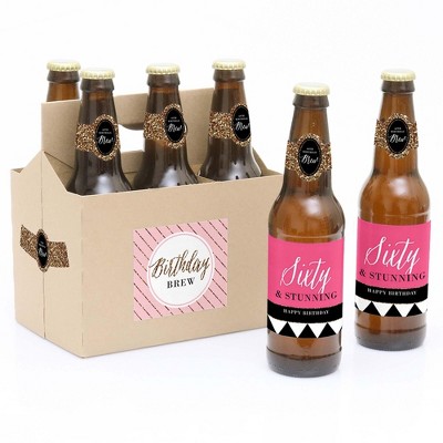 Big Dot of Happiness Chic 60th Birthday - Pink, Black and Gold - Birthday Party Decorations for Women - 6 Beer Bottle Label Stickers and 1 Carrier