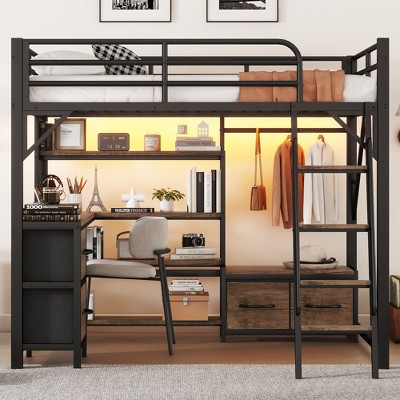 JUJABU Metal Loft Bed with Built-In Desk, Light, Shelves, Wardrobe and Drawers