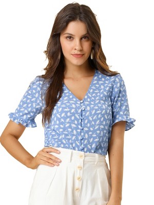 Allegra K Women's Button V Neck Full Placket Short Sleeve Floral Top