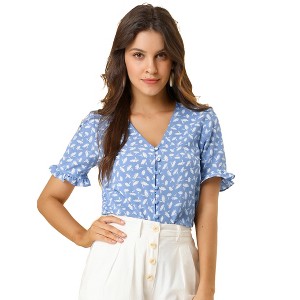 Allegra K Women's Button V Neck Full Placket Short Sleeve Floral Top - 1 of 4