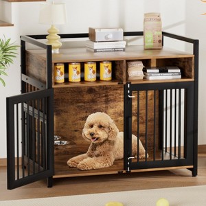 Dog Crate Furniture, Dog Cage with 2 Open Storage Shelves, 360¡ã Adjustable Raised Feeders, 2 Stainless Steel Bowls Indoor Crate for Heavy Dogs - 1 of 4