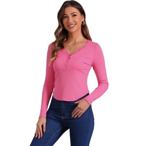 INSPIRE CHIC Women's V Neck Button Tops Long Sleeve Fitted Ribbed Knit Henley Shirts - 1 of 4