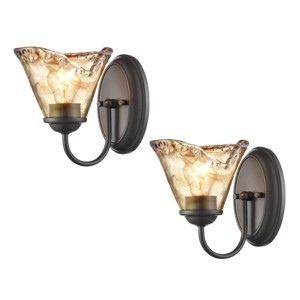 Claxy Rustic Finish Wall Sconce Vintage Vanity Light with Amber Glow Glass Shade Set of 2 - 1 of 4