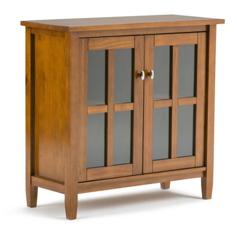 Simpli Home Acadian Solid Wood 32 inch Wide Transitional Entryway Shoe Storage Cabinet in Brunette Brown