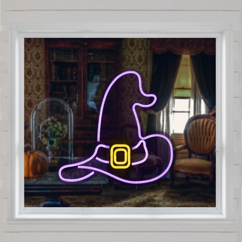 Northlight 15" Purple LED Lighted Neon Style Witch Hat Halloween Window Silhouette, 3 of 6