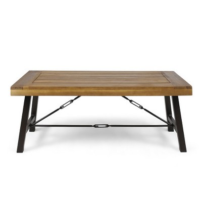 ACEPANO 45.75 in. W Outdoor Rosewood Coffee Table with Teak Veneer & Black Legs-Brown