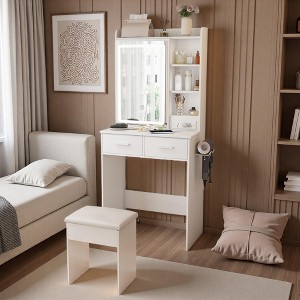 KTMBDW Vanity Desk with Mirror and Lights, Makeup Vanity with Power Strip, Dressing Table Set with 2 Large Drawers and Padded Stool for Bedroom, White - 1 of 4