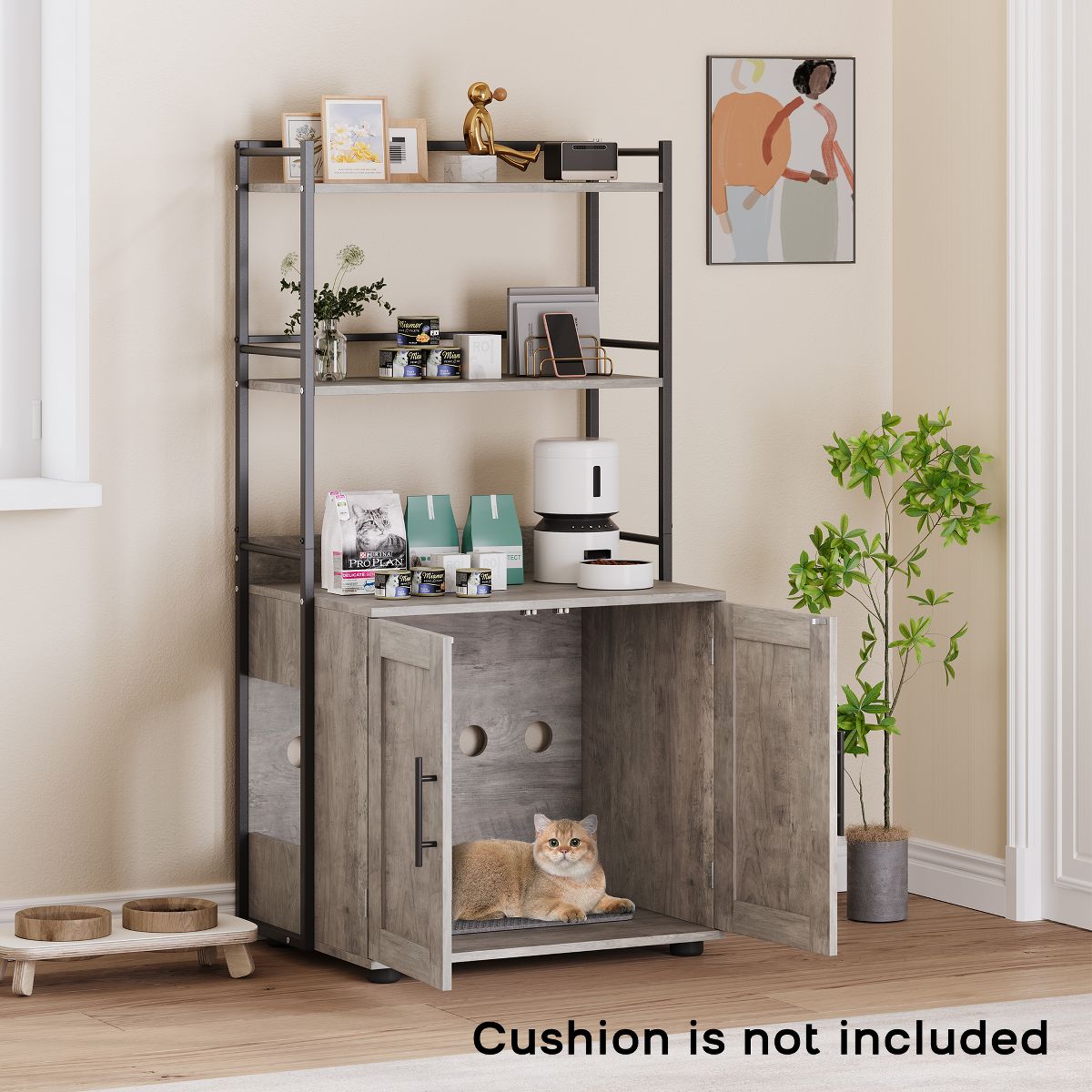 Cat Litter Box Enclosure with Storage Shelves, 2-in-1 Hidden Furniture Cabinet for Indoor Cat House with Door, Grey - thumbnail 7