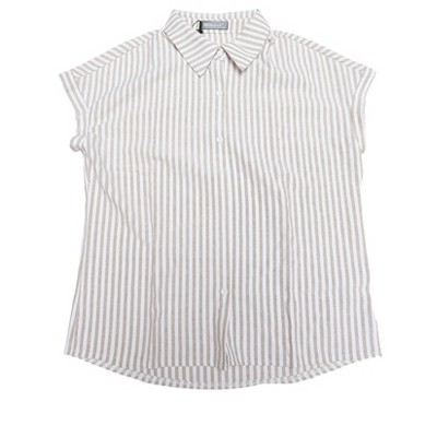 INSPIRE CHIC Women's Striped Button Down Turndown Collar Cotton Casual Cap Sleeve Blouse