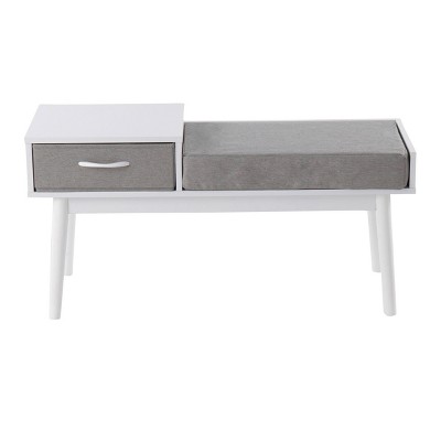 GlasFlength Ottomans and Benches Telephone Contemporary Bench in White Wood and Gray Fabric with Pull Out Drawer for Living Room, Gray, 45"*18"*9"