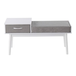 GlasFlength Ottomans and Benches Telephone Contemporary Bench in White Wood and Gray Fabric with Pull Out Drawer for Living Room, Gray, 45"*18"*9" - 1 of 4