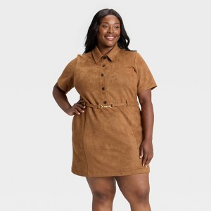 Women's Short Sleeve Faux Suede Mini Dress - Ava & Viv™ Tan - 1 of 3