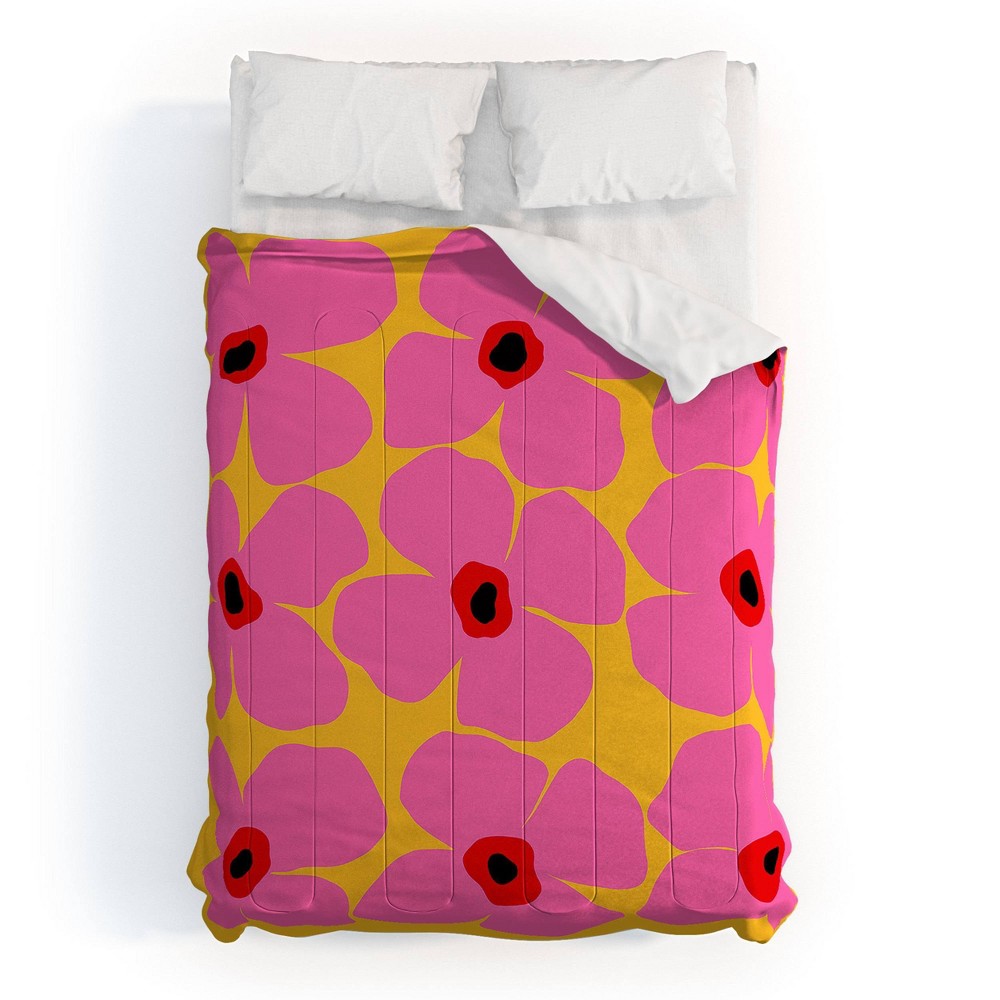 Photos - Bed Linen Deny Designs Twin/Twin Extra Long Maritza Lisa Abstract Pink Flowers with Yellow Comforter and Sham Set