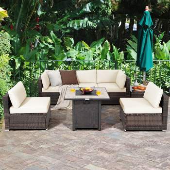 Costway 7PCS Patio Rattan Furniture Set 30'' Fire Pit Table Cover Cushion Sofa Off White\Black\Navy\Red\Turquoise