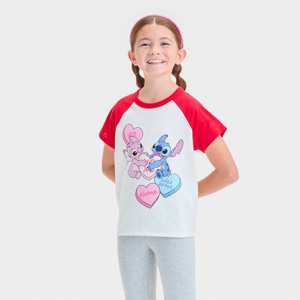 Girls' Stitch & Angel Short Sleeve Raglan Valentine's Day T-Shirt - White XS