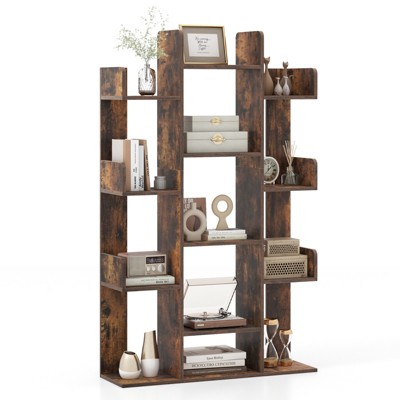 Costway Bookshelf Tree-shaped Bookcase With 13 Storage Shelf Rustic ...
