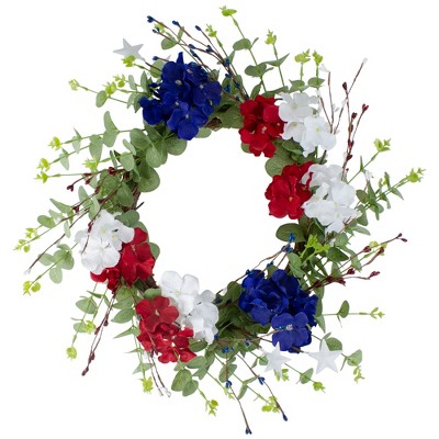 Northlight Red, white and Blue Hydrangea and Eucalyptus Patriotic Artificial Wreath