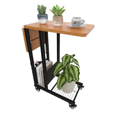 Simple Trending C Shaped End Table, Folding TV Tray Couch Side Table for Sofa on Wheels, Black