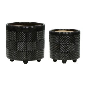 Gulches 2 Piece Ceramic Aztec Planters w/ Saucers, Sizes 4.5x4.5x4.5" & 6x6x5.75" - Perfect for Hall, Bedroom, Florist etc. - 1 of 4