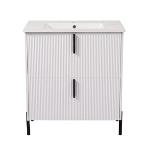 Vynxaria 30 Inch Bright White Fluted Bathroom Vanity with Ceramic Sink One Single Unit Solid Wood Cabinet Two Full Extension Soft Close Drawers - 1 of 4