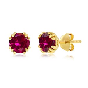 Simona Sterling Silver 'July Birthstone' 6mm Round Gem, Gold Plated Stud Earrings - Created Ruby - Red - 1 of 2