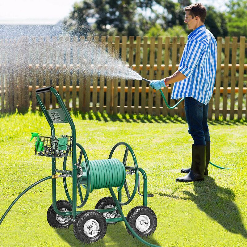Garden Rolling Cart Heavy Duty With Steel Water Hose Holder With Basket Green, 4 of 11