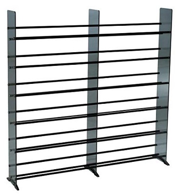 TransDeco Silkscreen printed black glass CD/DVD rack, 12 shelves in high gloss black finish /Chrome end caps