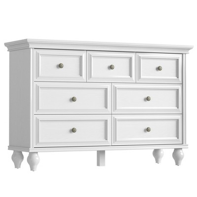 7 drawer dresser, large storage dresser, chest of drawers, white wood storage cabinet, solid wood legs, suitable for bedroom, living room, entryway