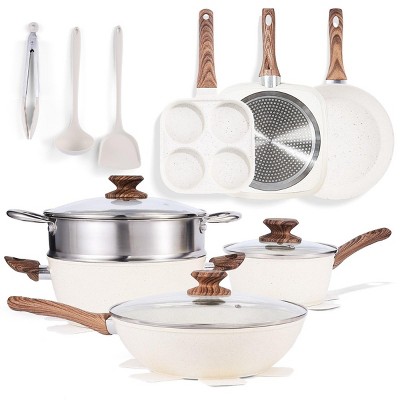 SEVOBAL Pots and Pans 17-Piece Non-Stick Cookware Set with Stay-Cool Handle Glass Lids for Kitchen