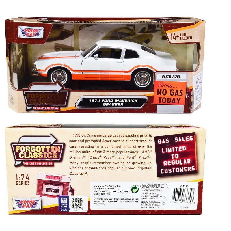 1974 Ford Maverick Grabber White with Orange Stripes "Forgotten Classics" Series 1/24 Diecast Model Car by Motormax, 3 of 4