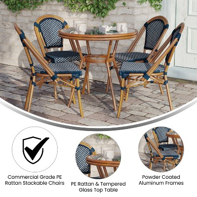 Navy and White Glass Top Bistro Set with Natural Aluminum Frame