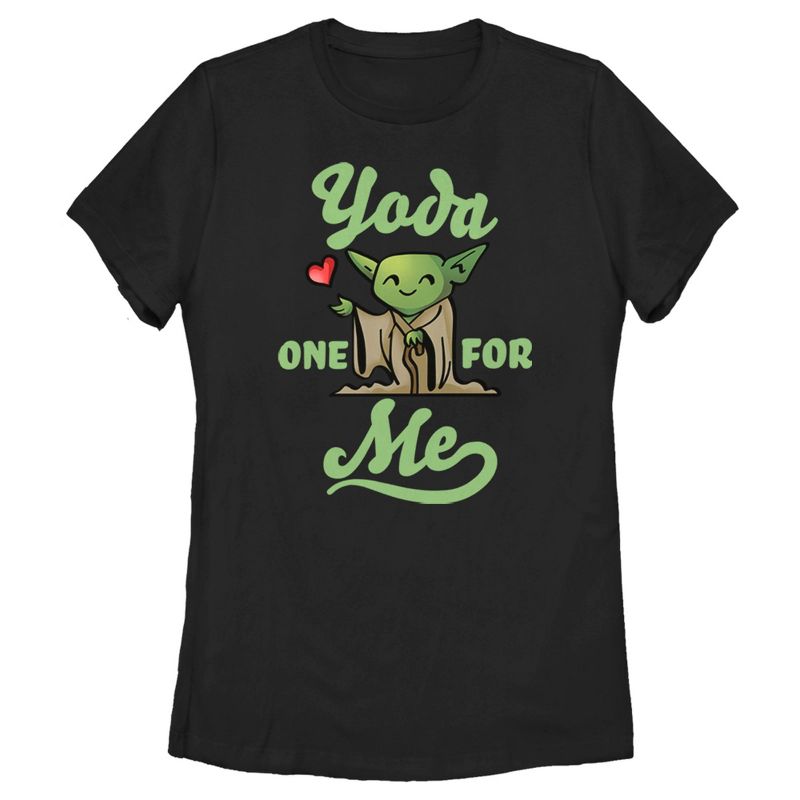 Women's Star Wars Valentine's Day Yoda One for Me Black T-Shirt, 1 of 5