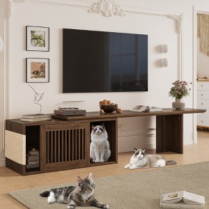 ORRD 78" Extendable TV Stand with Litter Box Enclosure, Modern 2-in-1 Cat Furniture with Cat Scratcher for 85" TVs, Walnut - 1 of 4