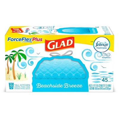 Glad ForceFlexPlus + Tall Kitchen Drawstring Trash Bags - Febreze Beachside Breeze - 13 Gallon - 45ct